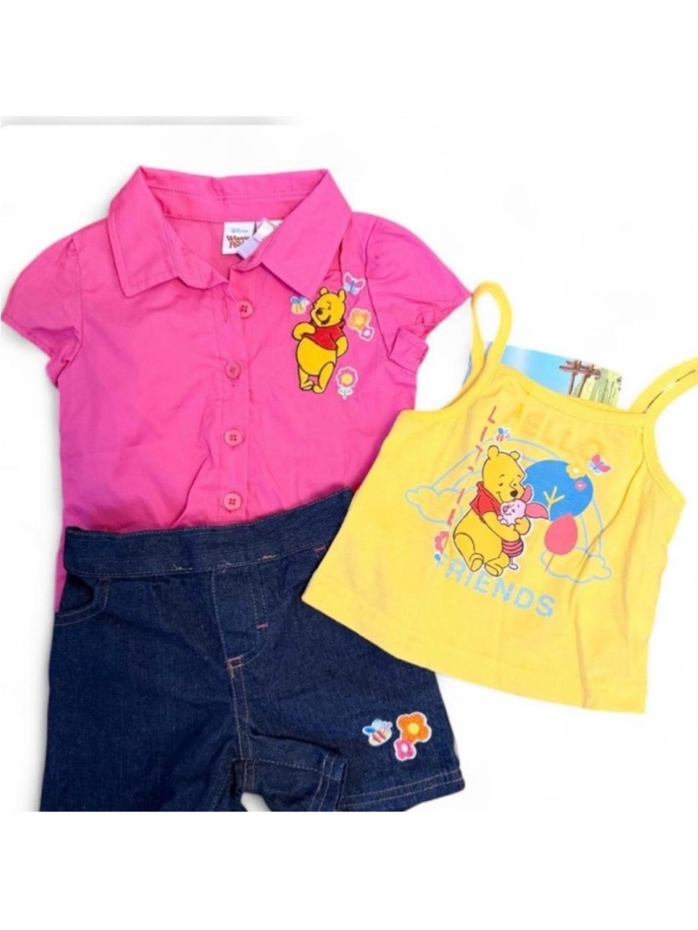 Girls Winnie the Pooh Pink Button Shirt & Yellow Tank Matching Set
